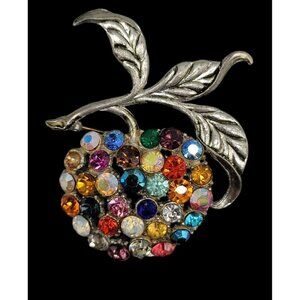 Unsigned Rainbow Rhinestone Apple Brooch Large Silver Tone